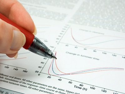 A person using a pen to follow a line on a graph within a document